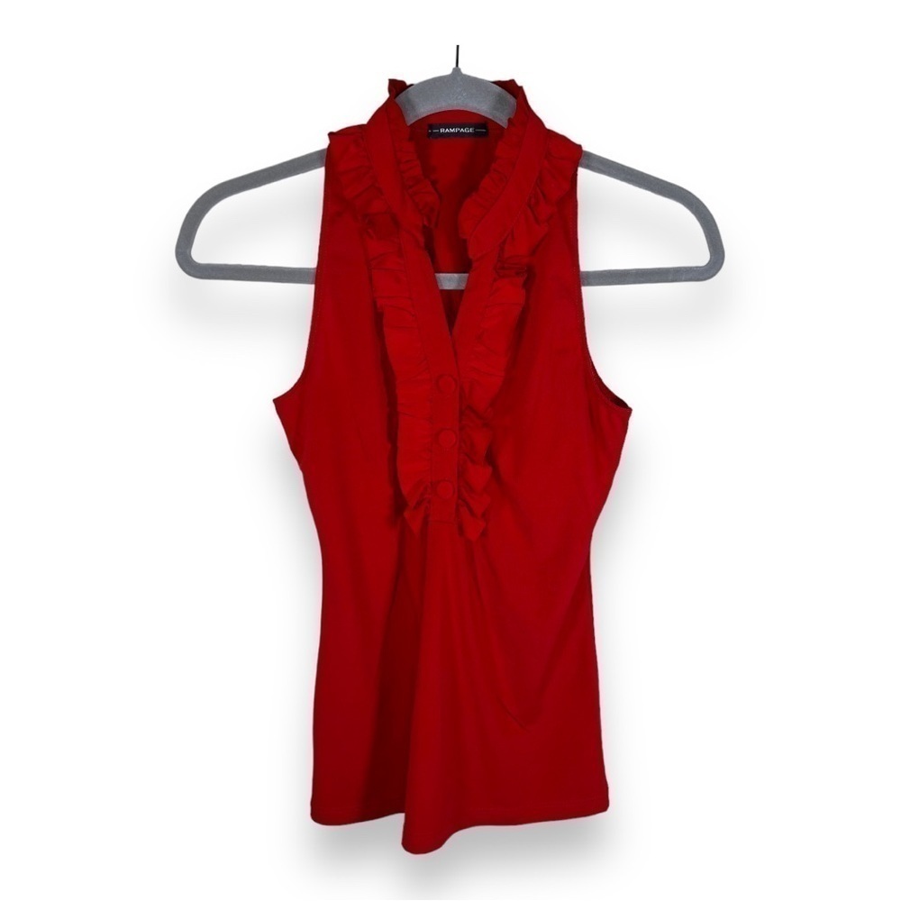 SMALL Y2k ERA RAMPAGE TOP RED SLEEVELESS RUFFLE BLOUSE RETRO PINUP